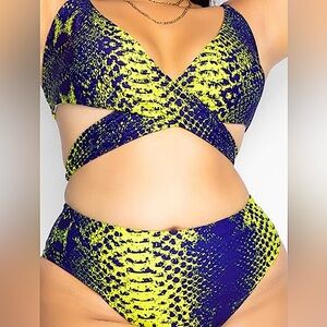 Bright Blue and Lime Snakeskin 2 Piece Swimsuit